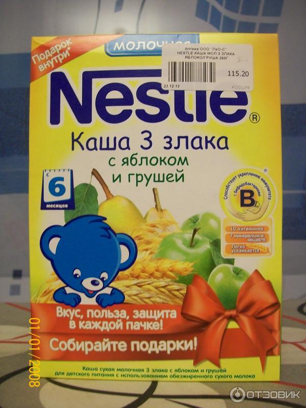 Каша Nestle 3 злака с яблоком и грушей. Молочная фото