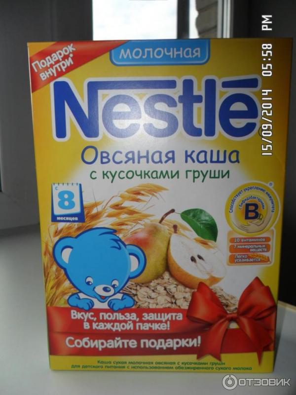 Молочная каша Nestle овсяная с кусочками груши фото